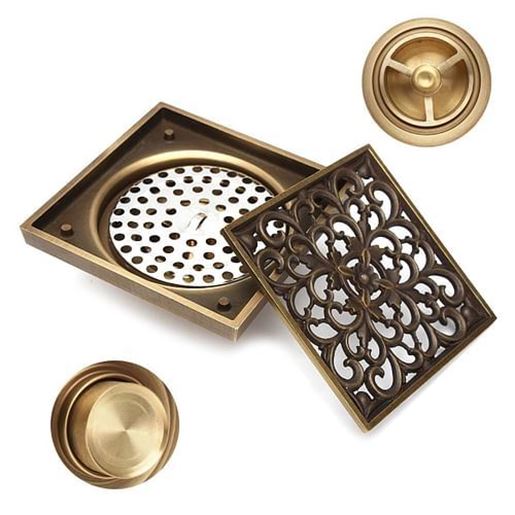 Picture of Antique Brass Square Floor Drain for Bathroom Kitchen w/ Strainer Grate 10X10X4.5cm