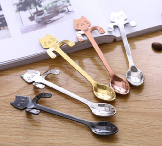 Picture of Color: 4pcs 4color - Cross-border 304 stainless steel spoon cartoon cat handle hanging coffee spoon