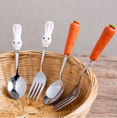 Picture of Carrot Bunny cartoon resin ceramic stainless steel tableware household portable spoon spoon fork children