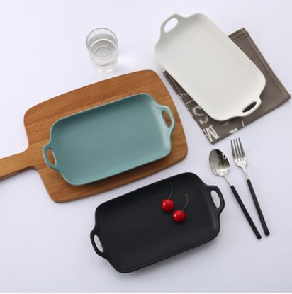 Picture of Japanese simple double ear baking tray, home ceramic tableware, matt glaze, rectangular plate, dessert plate