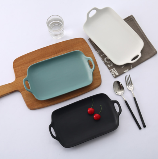 Picture of Japanese simple double ear baking tray, home ceramic tableware, matt glaze, rectangular plate, dessert plate