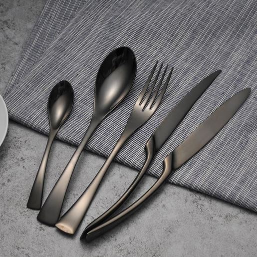 Picture of Color: Tea spoon, quantity: 1pc - 4PCS Set Black Stainless Steel Cutlery Korean Dinnerware Set Gifts Mirror Polishing Silverware Sets Scoop Knife and Fork Sets