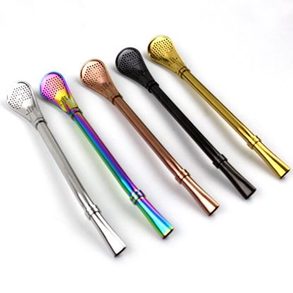 Picture of Color: 2PC Golden - 304 Stainless Steel Residue Filter Straws Spoon