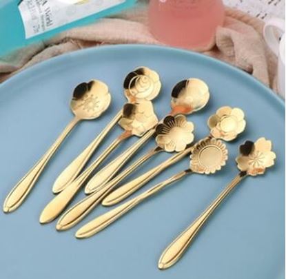 Picture of Color: Glod Cherry blossoms - Teaspoons Rose Shaped Flower Stainless Steel Kitchen Tableware Handle Cutlery Mini Dessert Tea Dining Spoon For Snacks