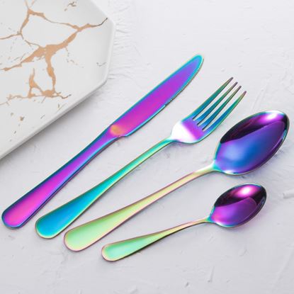 Picture of Color: Black, Model: Box, Quantity: 1set - Stainless steel gold plated colorful knife and fork spoon set of four