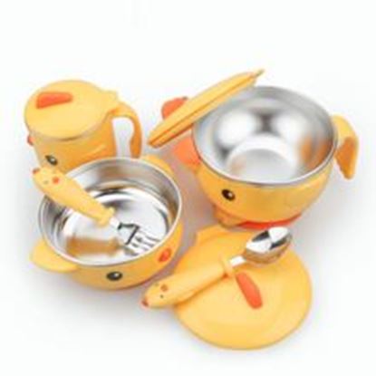 Picture of Color: Blue, Style: 5pcs - Korea Goryeo Baby Children''s Tableware Baby Infant Water Insulation Bowl Spoon Baby Sucker Bowl Spoon Supplementary Bowl