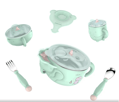 Picture of Children's stainless steel cutlery set baby sucker anti-fall bowl complementary food bowl spoon baby water injection insulation bowl