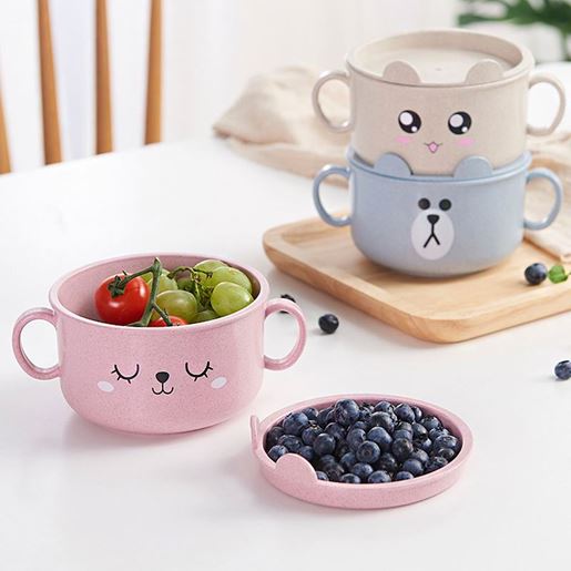 图片 Color: Blue3PCS - Thickened cartoon bowl with lid