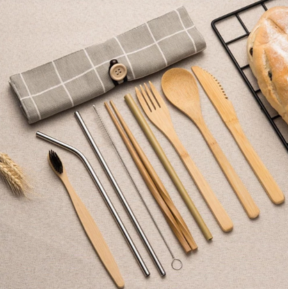 图片 Style: 8pcs with bamboo straw - Chopsticks spoon bag travel cutlery bag