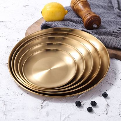 Picture of Size: 14cm - Retro Metal Round Tray Stainless Steel Snack Fruit Tray Jewelry Storage Tray European Style Dinner Plates Gold/Silver