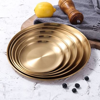 Foto de Size: 23cm - Retro Metal Round Tray Stainless Steel Snack Fruit Tray Jewelry Storage Tray European Style Dinner Plates Gold/Silver