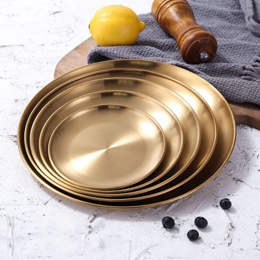 Foto de Size: 23cm - Retro Metal Round Tray Stainless Steel Snack Fruit Tray Jewelry Storage Tray European Style Dinner Plates Gold/Silver