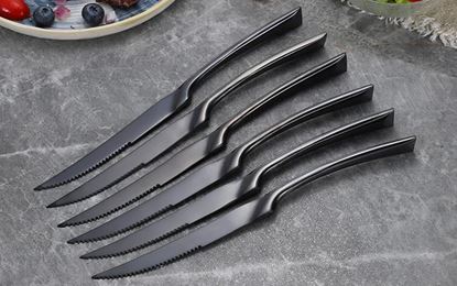 Picture of Color: Pink, Quantity: 6 - 6PCS/Set Black Stainless Steel Cutlery Korean Dinnerware steak knife Set Gifts Mirror Polishing Silverware Sets