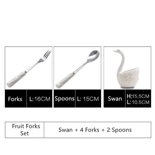 Picture of Style: Black 6 Spoons - Ceramic Swan Stand Holder Fruit Forks kitchen Cutlery Cake Dessert Fork Spoon Set