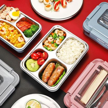 Picture of Color: Blue, Size: 1000ml, Style: Three grid - 304 stainless steel double-layer insulated lunch box