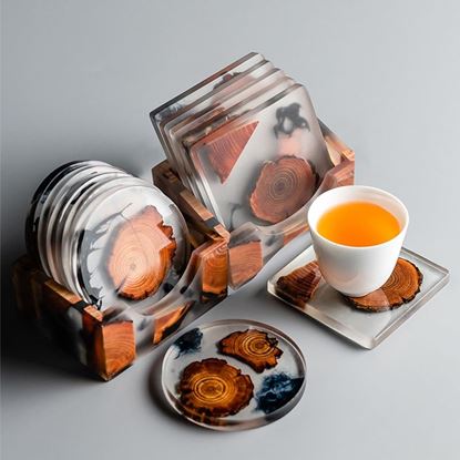 Picture of Color: 6 square cups, Quantity: Q7piece set - Resin pine coaster insulation teacup coaster