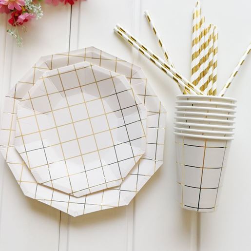 Picture of Style: 7 inch plate, Quantity: Q8pcs - Disposable gilt mesh decagonal paper tray set