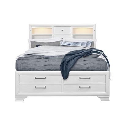 Foto de White Rubberwood Full Bed with bookshelves Headboard  LED lightning  6 Drawers