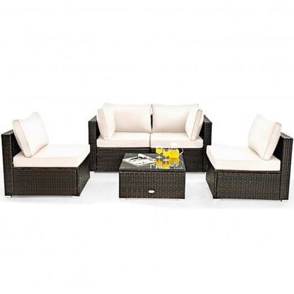 Picture of 5 Pieces Cushioned Patio Rattan Furniture Set with Glass Table-White