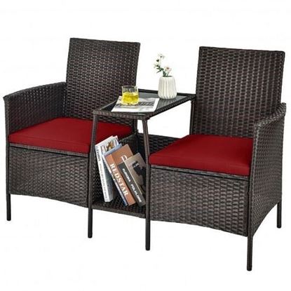 Picture of Patio Rattan Wicker Conversation Set Sofa Cushioned Loveseat Glass Table-Red