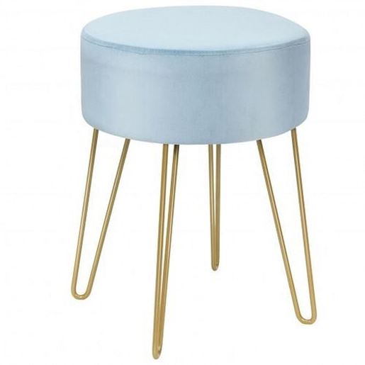 Picture of Round Velvet Ottoman Footrest Stool Side Table Dressing Chair with Metal Legs-Blue - Color: Blue