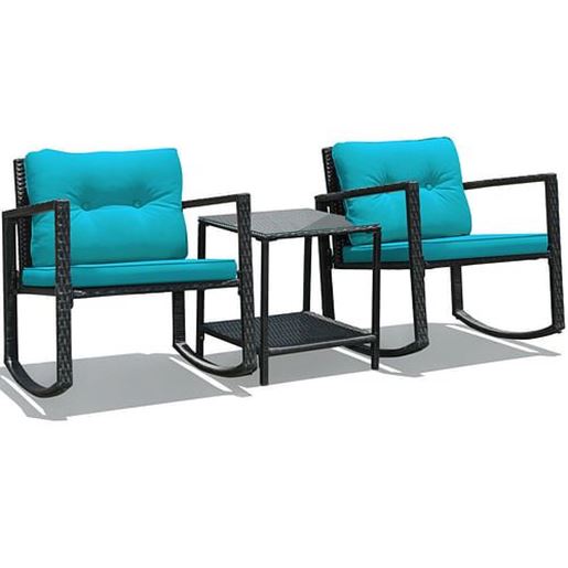 图片 3 Pcs Wicker Rocking Bistro Set with Glass Coffee Table and Storage Shelf-Blue - Color: Blue