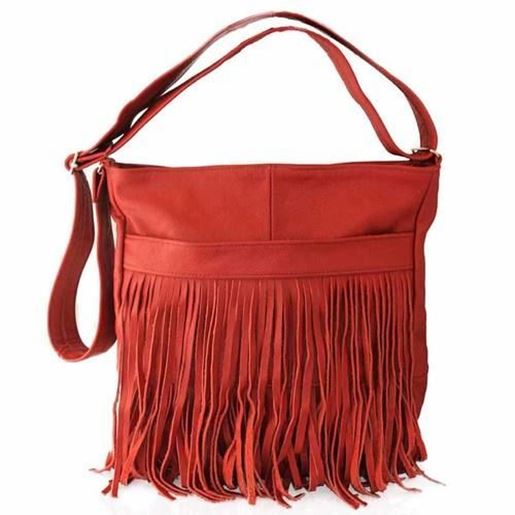 Picture of AFONiE Red Messenger Fringe Leather Handbag