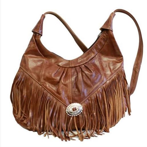 Picture of Shiny Brown Mexican Genuine Leather Hobo Style Fringe Purse