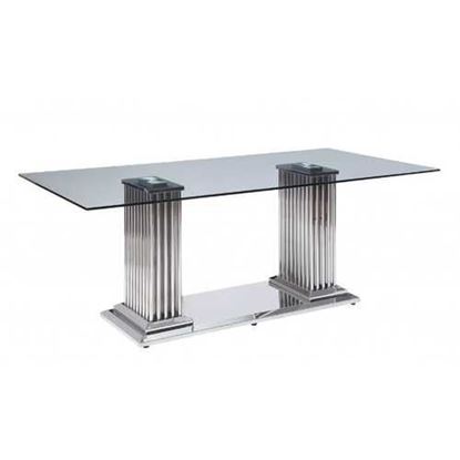Picture of 39" X 79" X 30" Stainless Steel Clear Glass Mirror Dining Table wDouble Pedestal