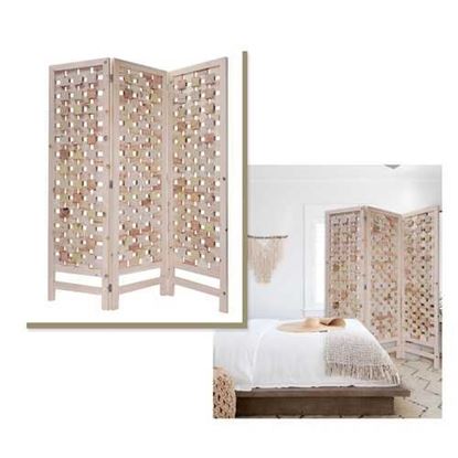 图片 3 Panel Pink Room Divider with Cut Square Wood Design
