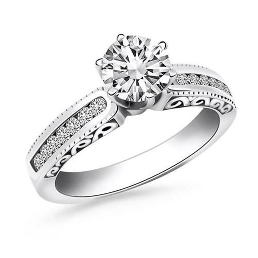 Picture of Size: 7.5 - 14k White Gold Channel Set Engagement Ring with Engraved Sides