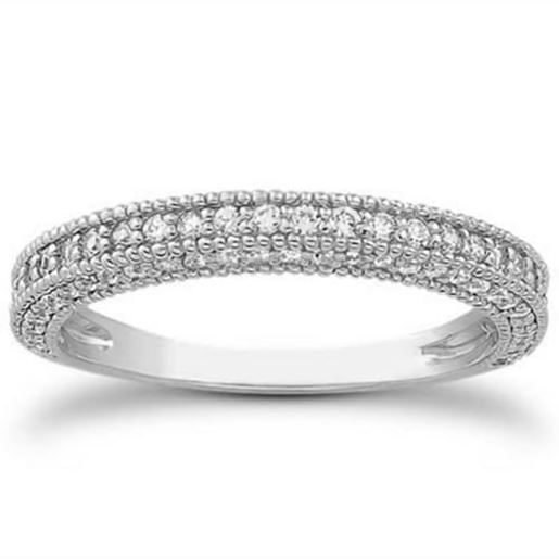 Picture of Size: 5 - 14k White Gold Fancy Pave Diamond Milgrain Textured Wedding Ring Band