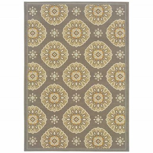 Picture of 7' x 10' Grey Gold Floral Medallion Discs Indoor Outdoor Area Rug