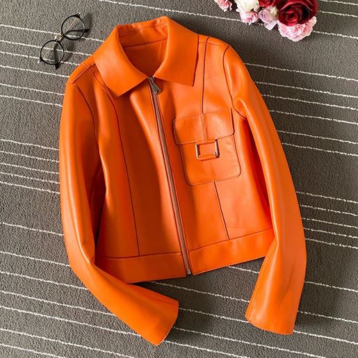 Picture of Color: Orange, Size: XXL - Women's leather jacket