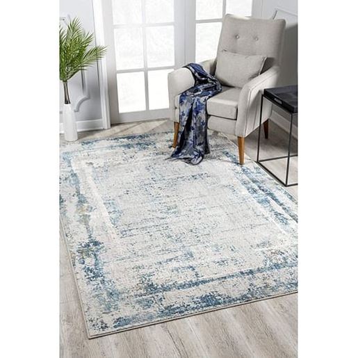 Picture of 7' x 10' Ivory and Blue Abstract Distressed Area Rug