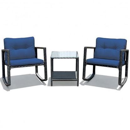 Picture of 3 Pcs Patio Rattan Set Rocking Chair Cushioned Sofa Garden Furniture-Navy - Color: Navy