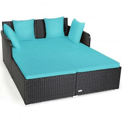 Picture of Outdoor Patio Rattan Daybed Thick Pillows Cushioned Sofa Furniture-Turquoise - Color: Turquoise