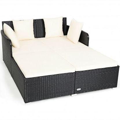 Picture of Outdoor Patio Rattan Daybed Thick Pillows Cushioned Sofa Furniture-White - Color: White