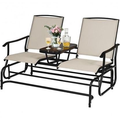 Picture of 2-Person Double Rocking Loveseat with Mesh Fabric and Center Tempered Glass Table