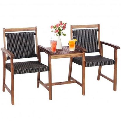 Picture of 2-Seat Patio Rattan Acacia Wood Table with Umbrella Hole