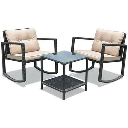 Picture of 3 Pcs Wicker Rocking Bistro Set with Glass Coffee Table and Storage Shelf-Beige