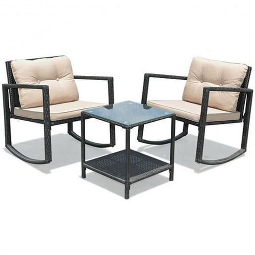 图片 3 Pcs Wicker Rocking Bistro Set with Glass Coffee Table and Storage Shelf-Beige