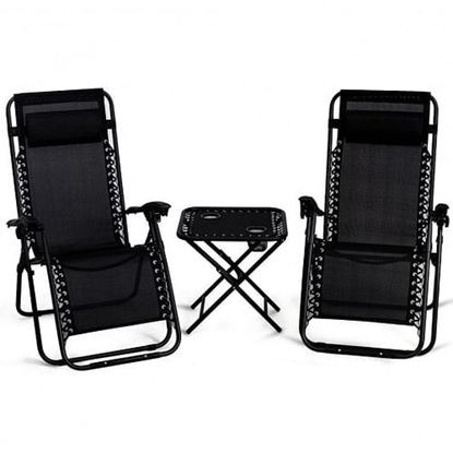 Picture of 3 Pieces Folding Portable Zero Gravity Reclining Lounge Chairs Table Set-Black
