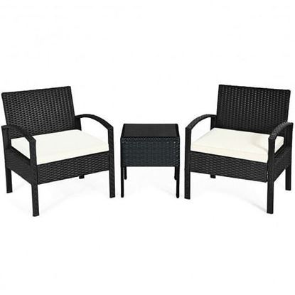 Picture of 3 Pieces Outdoor Rattan Patio Conversation Set with Seat Cushions-White