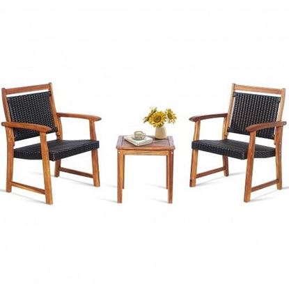 Picture of 3 Pieces Rattan Bistro Set with Acacia Wood Frame for Garden