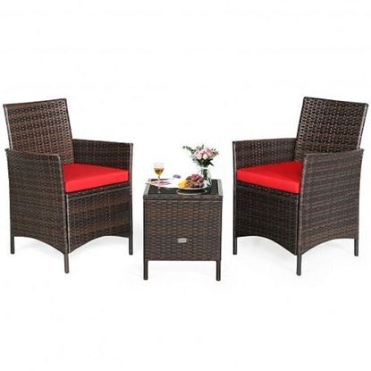 Picture of 3Pcs Patio Rattan Furniture Set Cushioned Sofa and Glass Tabletop Deck-Red