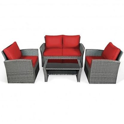 Picture of 4 Pcs Patio Rattan Furniture Set Sofa Table with Storage Shelf Cushion-Red