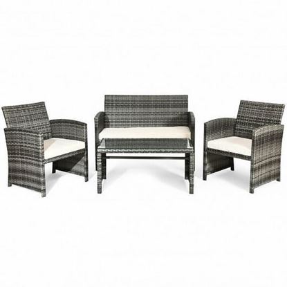 Picture of 4 Pcs Patio Rattan Furniture Set Top Sofa With Glass Table-White