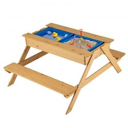 Picture of 3-in-1 Kids Picnic Table Wooden Outdoor Water Sand Table with Play Boxes