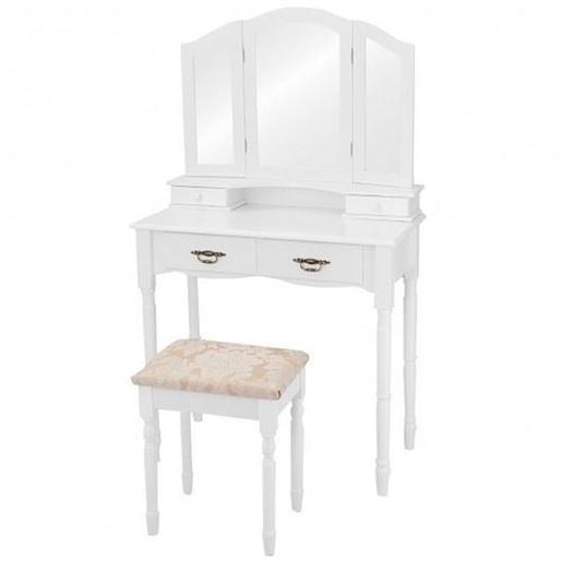 Picture of Simple Vanity Set with Tri-Folding Mirror Drawers and Storage Shelf-White